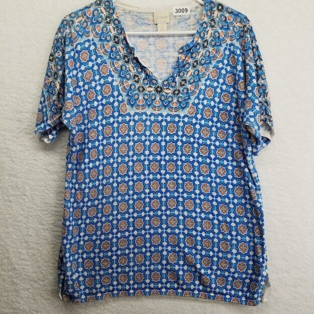 Chicos Womens Knit Top Size M Short Sleeve Shirt Multicolor Geometric Pattern